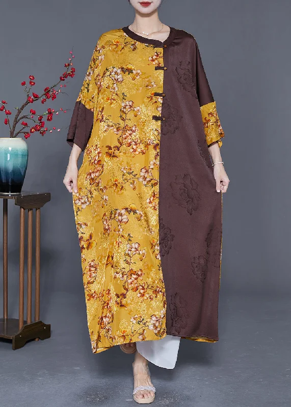 Bonus Savings textured dressDIY Colorblock Oversized Patchwork Chinese Button Silk Long Dress Summer