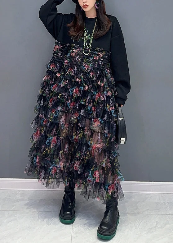 Instant Savings satin midi dressBeautiful Black Print Chiffon Patchwork Dresses Long Sleeve