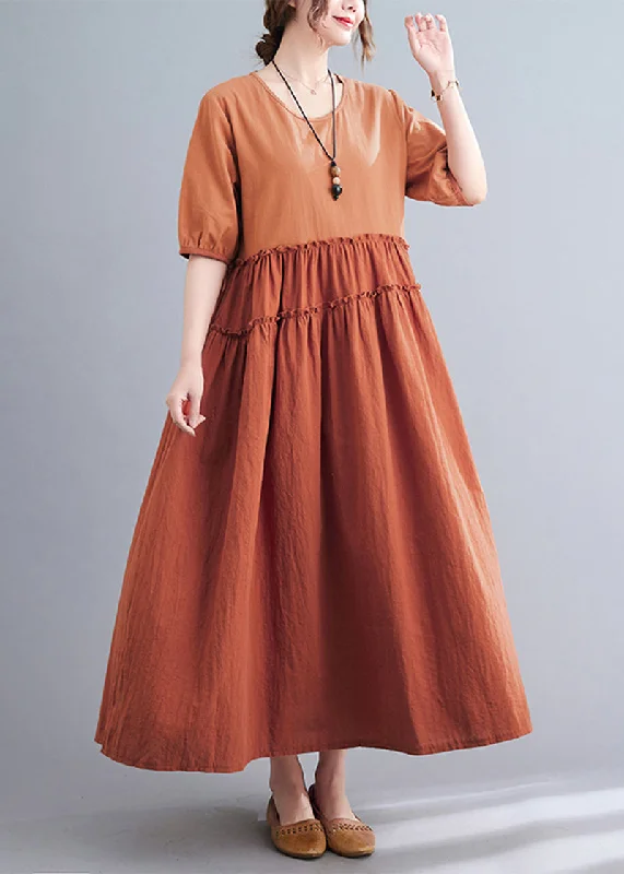 Doorbuster Deal luxury dressElegant Orange Ruffled Patchwork Exra Large Hem Cotton Long Dress Summer