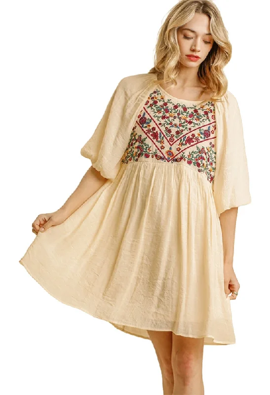 Shop and Save elegant dressFloral Embroidered Balloon Sleeve Dress, Natural