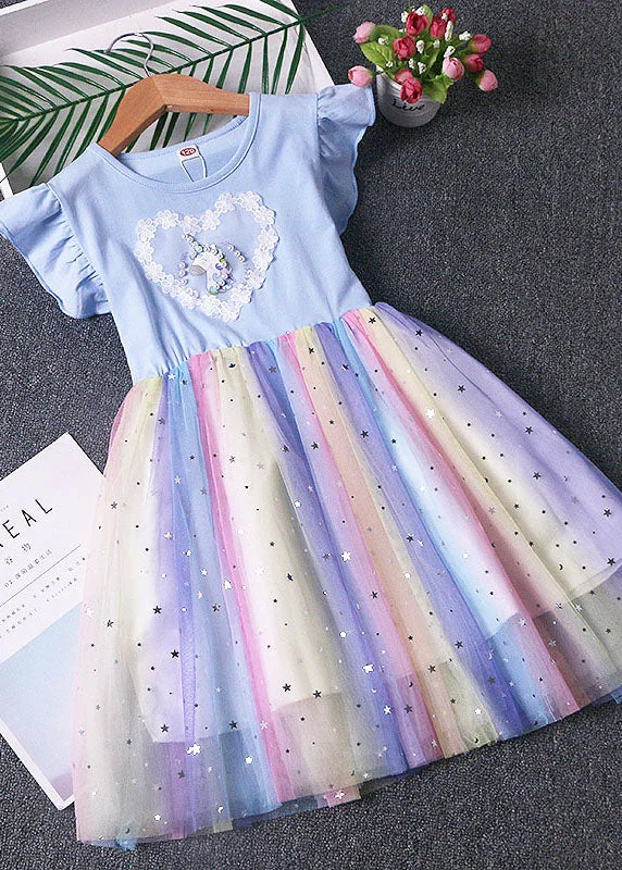 Huge Discounts pleated dressLovely Blue Ruffled Nail Bead Patchwork Tulle Kids Girls Dresses Summer