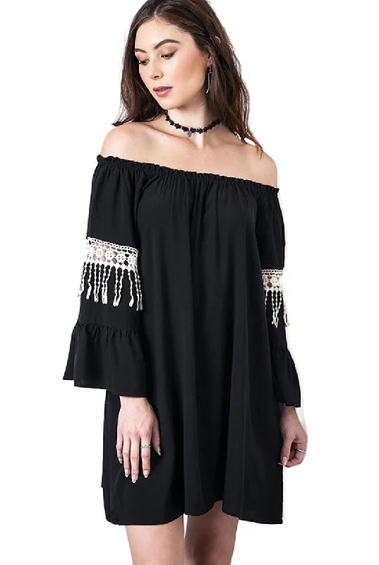 Super Deal casual shift dressBell Sleeve Boho Chic Dress, Black