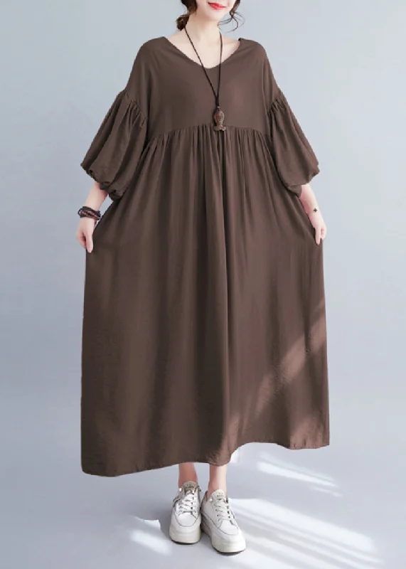 Limited Stock pleated maxi dressModern Coffee Oversized Exra Large Hem Cotton Pleated Dresses Lantern Sleeve