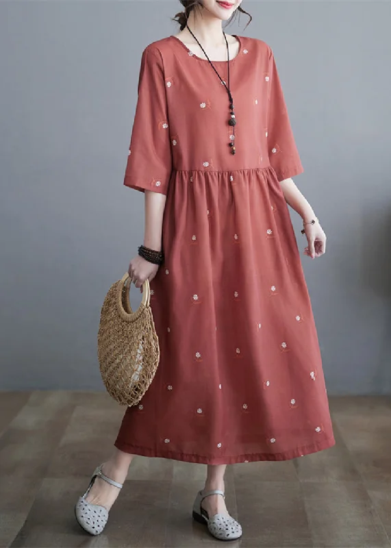 Exclusive Savings casual slip dressWomen Brick Red Cinched Print Linen Dress Half Sleeve