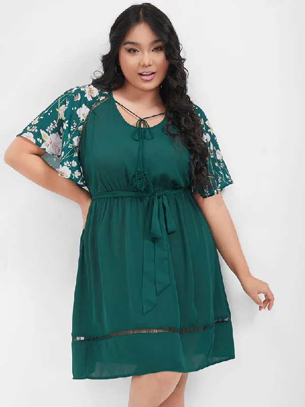 Sale Event boho dressPlain Broderie Anglaise Ruffles Belted Ties Knee Dress