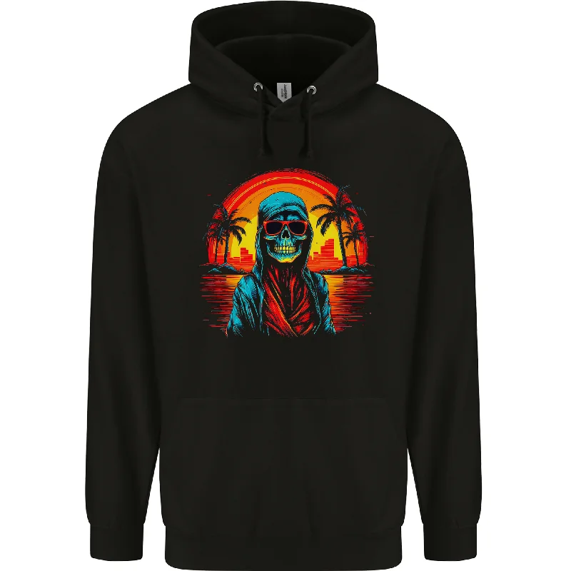 Season Finale Sale A Retrowave Skeleton Holiday Sunset Skull Mens 80% Cotton Hoodie