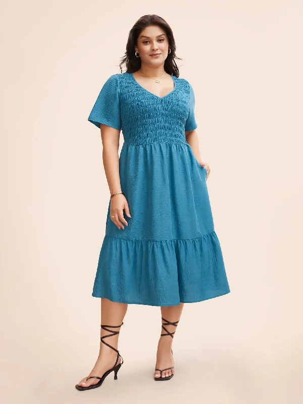 Major Savings wrap-around dressSolid Shirred Ruffle Hem Midi Dress