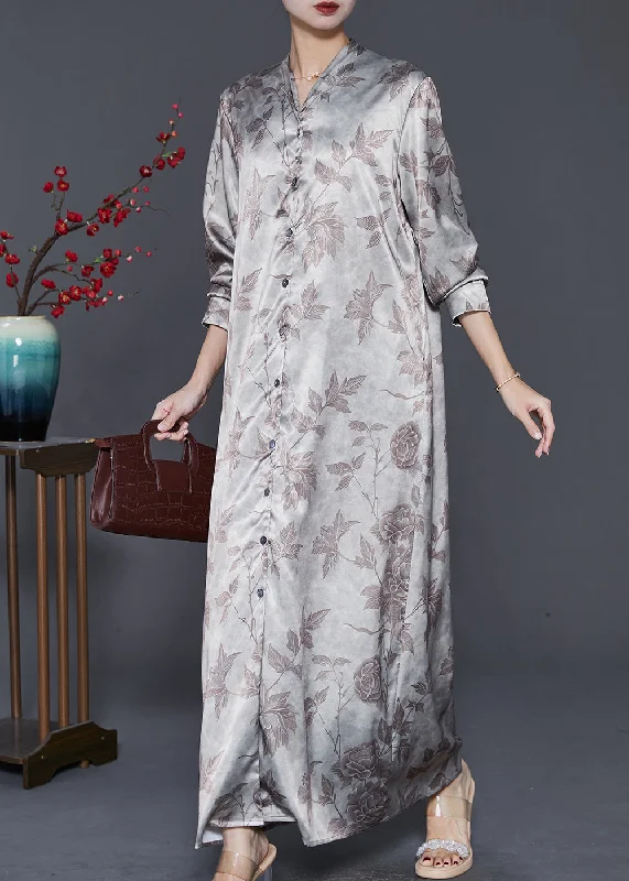 Overstock Sale fitted cocktail dressFashion Apricot V Neck Print Silk Maxi Dresses Spring