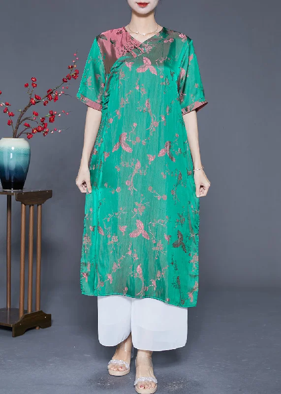 Special Buy fitted bodycon dressElegant Fluorescent Green Chinese Button Jacquard Silk Dresses Summer