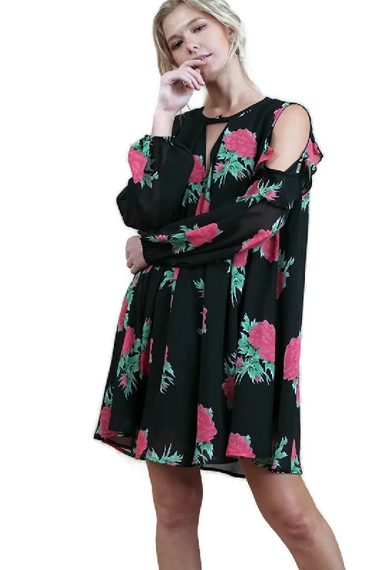 Clearance Sale floral dressFloral Cold Shoulder Keyhole Dress