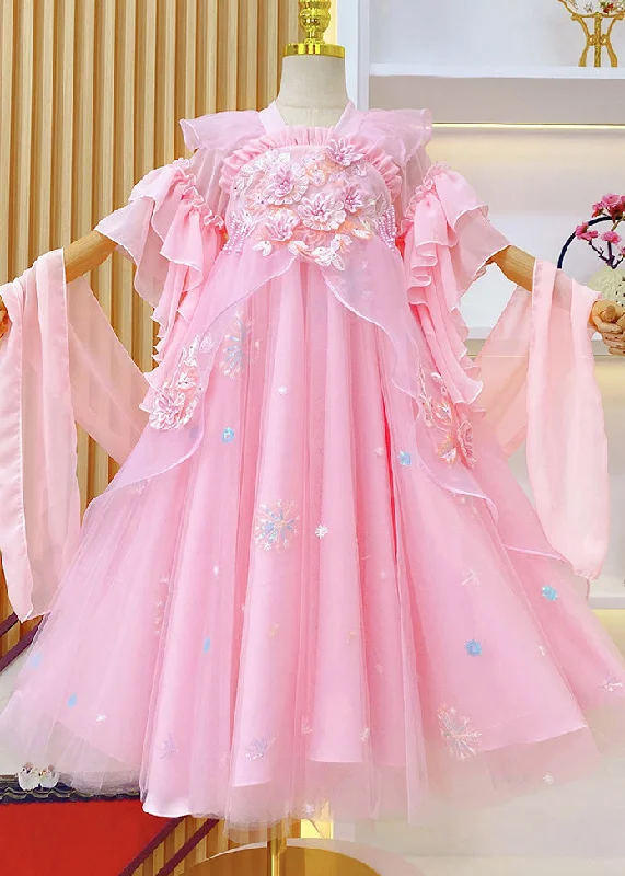 Today’s Deal floral dressBoho Pink Embroideried Ruffled Tulle Kids Girls Long Dresses Summer