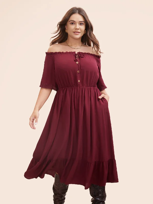 Limited Time floral dressPlain Off Shoulder Lace Trim Ruffle Hem Dress