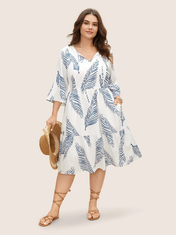 Stock Clearance midi dressTropical Print Tucked Seam Tie Knot Dress