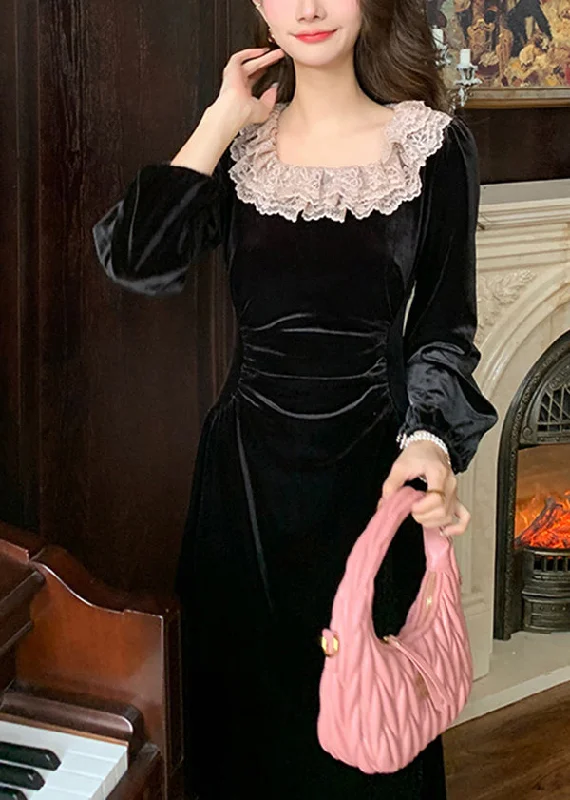 Best Bargains sleeveless dressFrench Black Square Collar Lace Slim Fit Velvet Dresses Spring