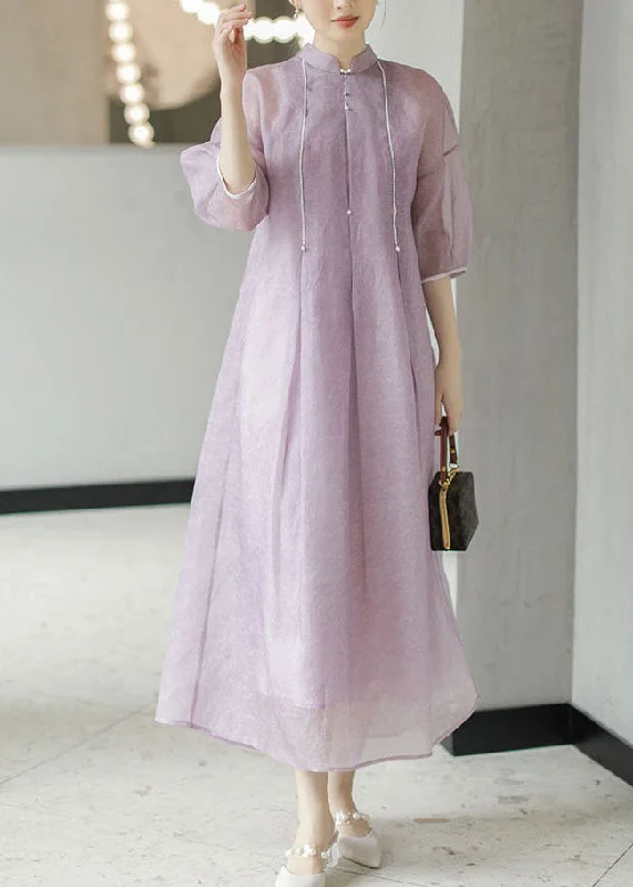 Blowout Sale sleek dressChinese Style light Purple Nail Bead Patchwork Silk Long Dress Summer