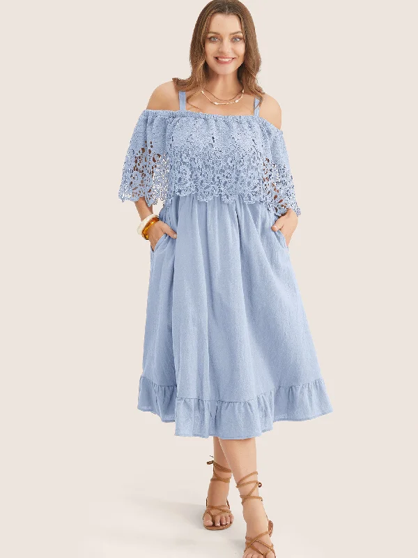 Deal Zone silk dressSolid Cold Shoulder Contrast Lace Pocket Ruffle Hem Dress