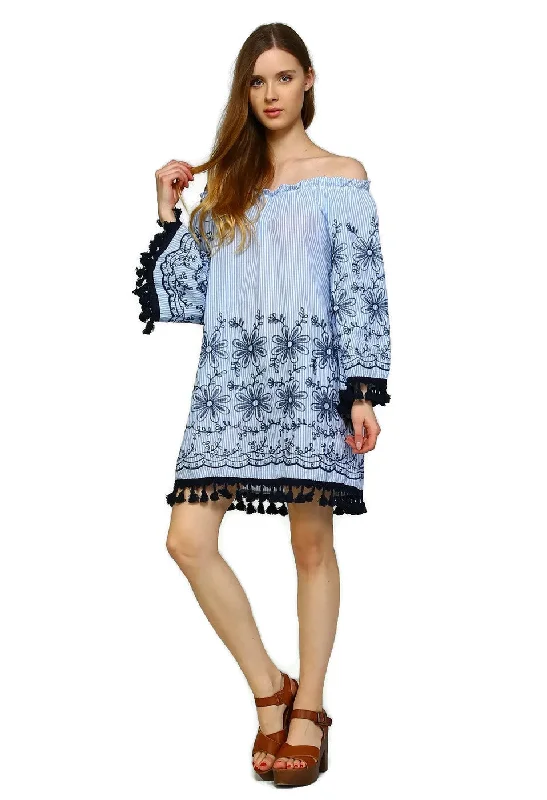 Low Prices cocktail party dressEmbroidered Off the Shoulder Tassel  Dress, Blue