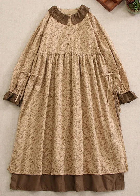 Buy Now printed dressVintage Khaki Print Lace Up Cotton Long Dresses Long Sleeve