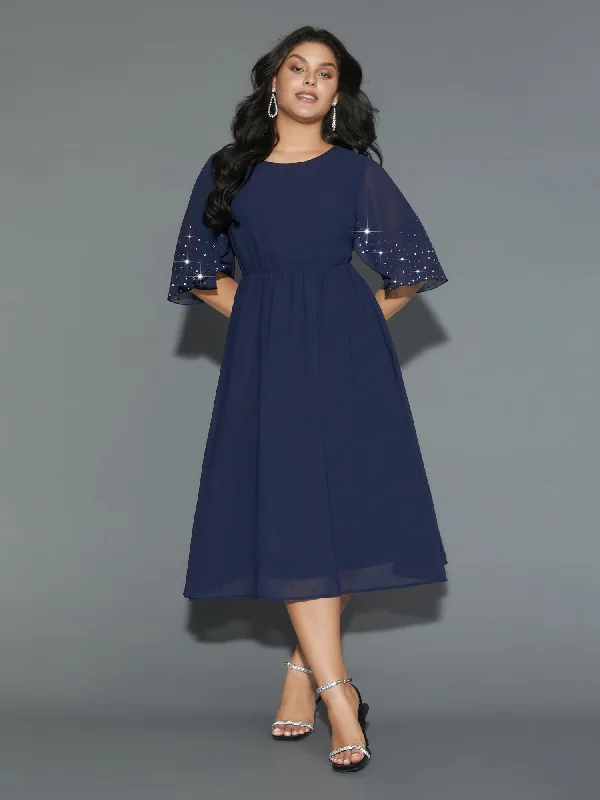 Reduced Prices fitted cocktail dressRhinestone Elastic Waist Ruffle Sleeve Dress