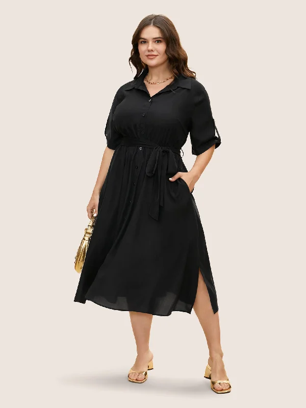 Great Deals sleek midi dressShirt Collar Tab Sleeve Split Hem Dress