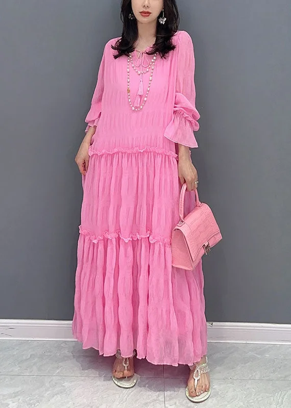 Super Bargain elegant evening dressBohemian Pink Ruffled Lace Up Patchwork Chiffon Long Dress Summer