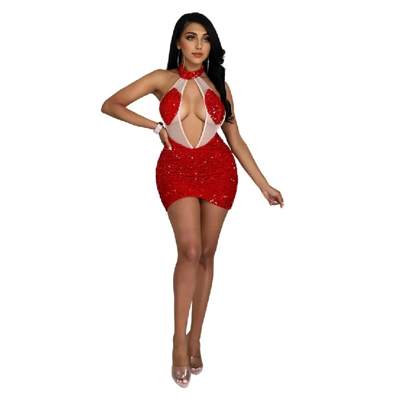 Today’s Deal trendy wrap dressJulia Fashion - Sexy Halter Patchwork Sequin Glitter Mini Dress