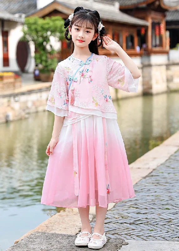 Deal Dash office dressBeautiful Pink Embroideried Patchwork Button Chiffon Kids Long Dresses Half Sleeve