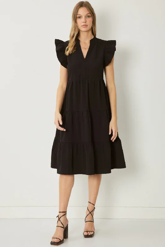 Price Reduction elegant shift dressRuffled Pocket Tiered Midi Dress, Black