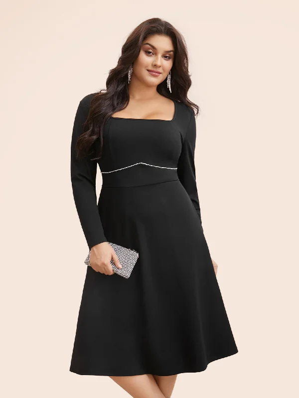 Bargain Blast boho-chic dressSquare Neck Shirred Rhinestone Midi Dress