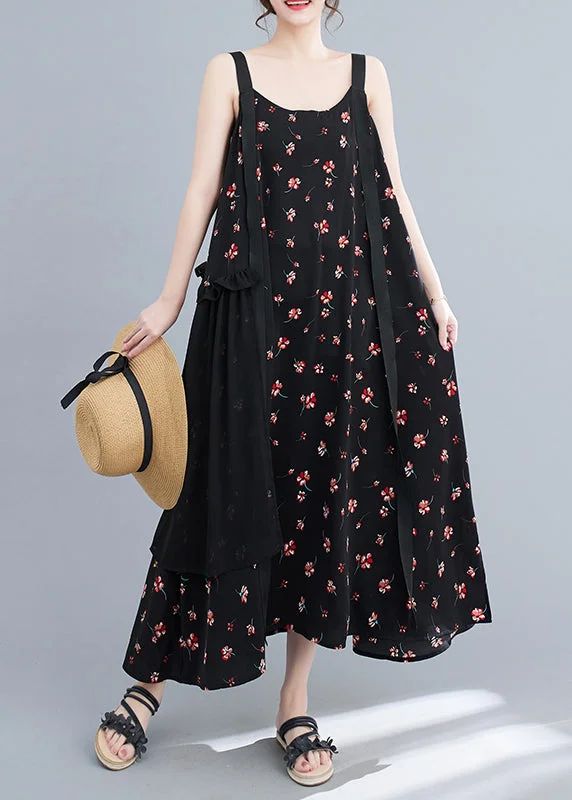 Price Fest elegant maxi dressCasual Black Ruffled Patchwork Print Chiffon Strap Dress Summer