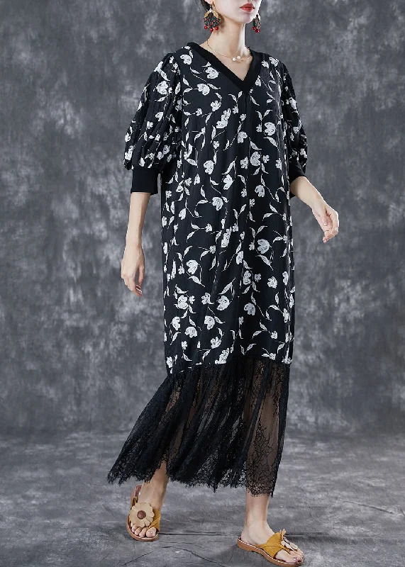 Hurry In summer floral dressStylish Black V Neck Lace Patchwork Print Chiffon Dresses Summer