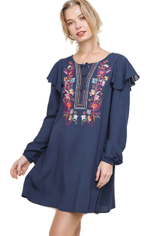 Daily Deals printed dressFloral Embroidered Puff Sleeve Dress, Navy