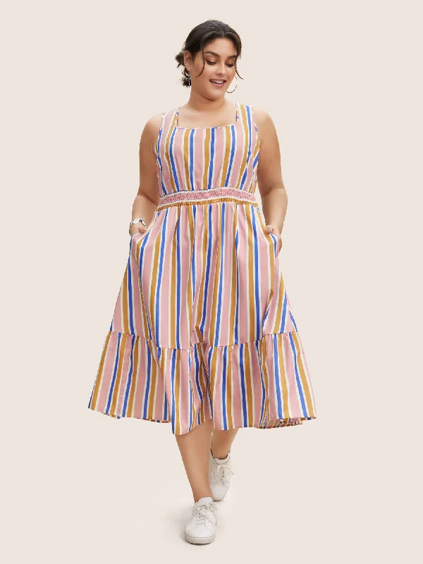 Don't Wait knit dressContrast Striped Shirred Ruffle Hem Midi Dress