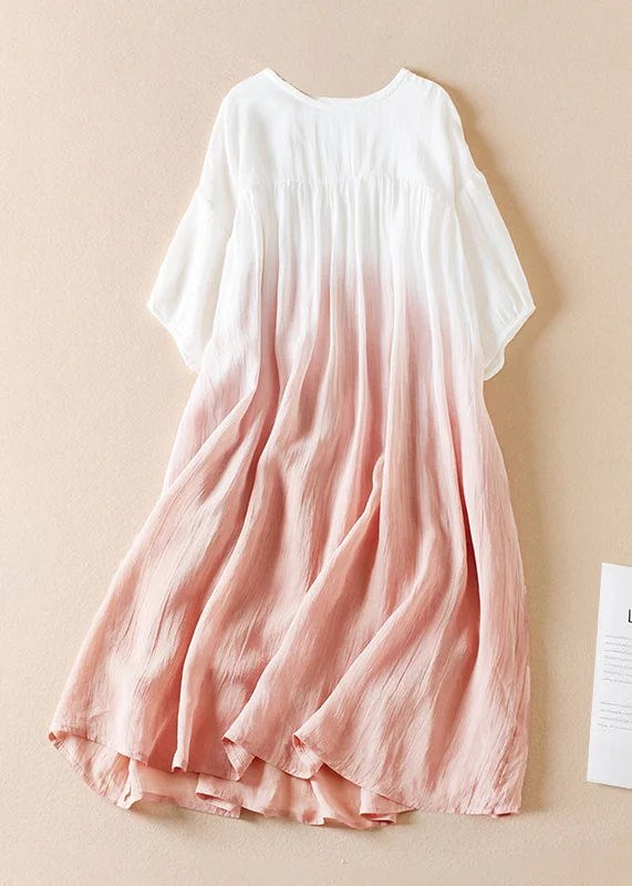 Midnight Sale casual midi dressOriginal Pink Gradient O Neck Wrinkled Cotton Long Dress Half Sleeve