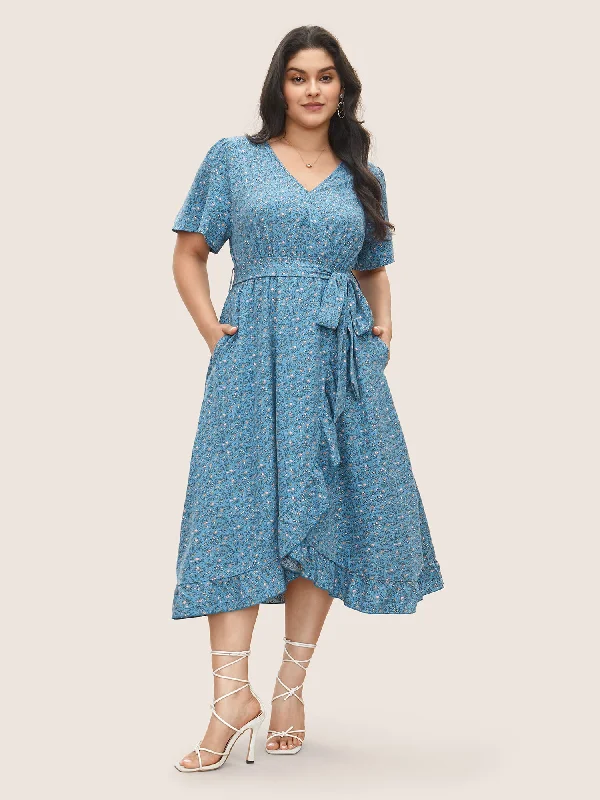 Fantastic Offers t-shirt dressDitsy Floral Overlap Collar Ruffles Belted Dress