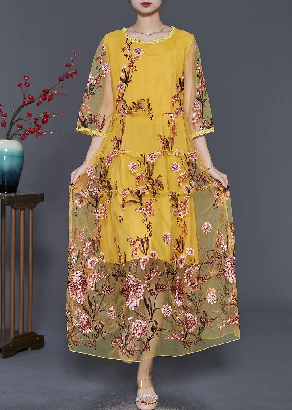 Exclusive Savings casual day dressBoutique Yellow Embroidered Hollow Out Tulle Party Dress Summer