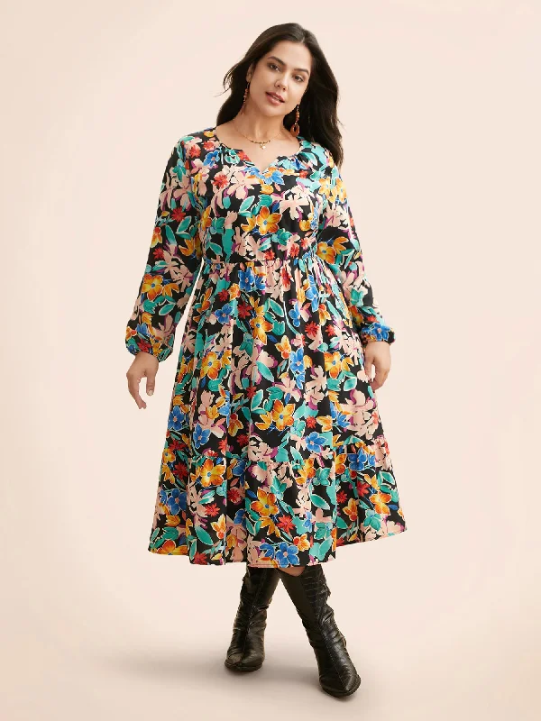 Lowest Price bodycon dressColored Floral Notched Elastic Waist Midi Dress