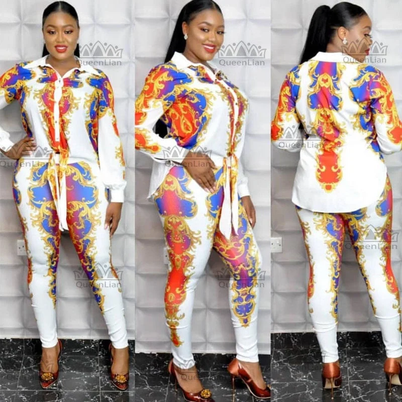 Factory Direct Sale floral midi dressAfrican Fashion Shirt Top and Elastic Pants Suit Chiffon Dress