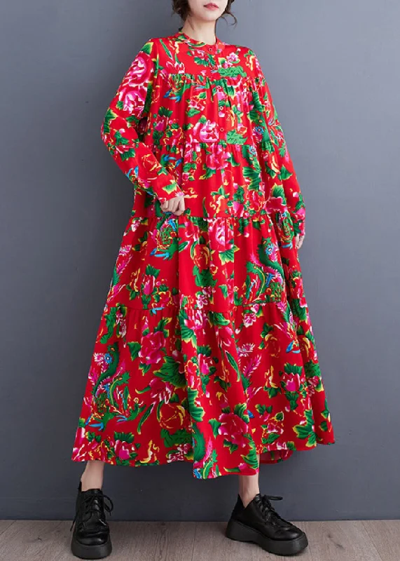 Special Savings casual evening dressVintage Red Stand Collar Patchwork Wrinkled Maxi Dresses Long Sleeve