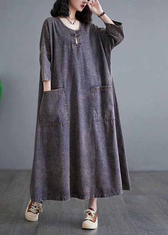 Exclusive Preview flowy dressVintage Patchwork Pockets Holiday Denim Long Dress Bracelet Sleeve