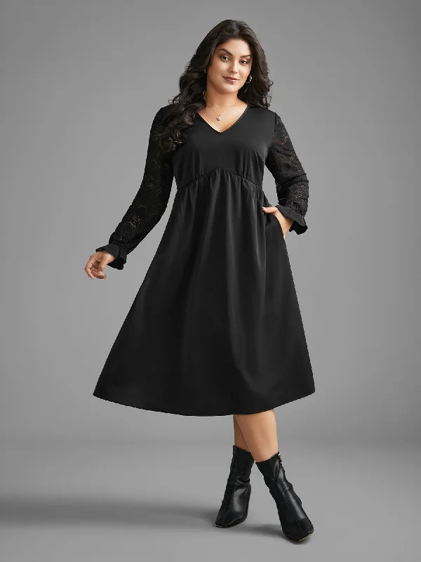 Deal Mania minimalistic dressV Neck Lace Patchwork Midi Dress