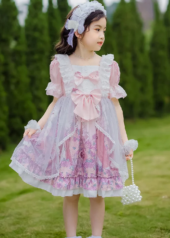 Super Sale shift dressSweet Pink Ruffled Bow Character Patchwork Tulle Kids Girls Princess Dress Summer