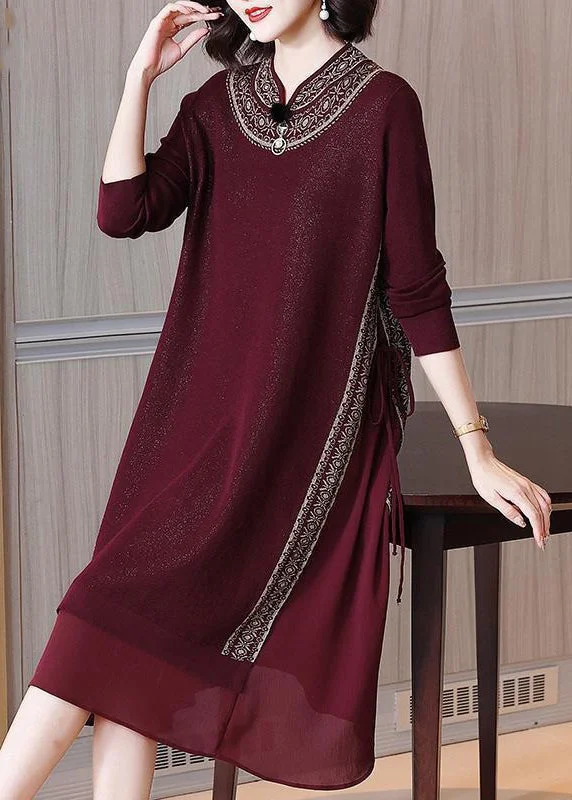 Price Cut backless dressItalian Wine Red Lace Up Chiffon Patchwork Knit Dress Spring