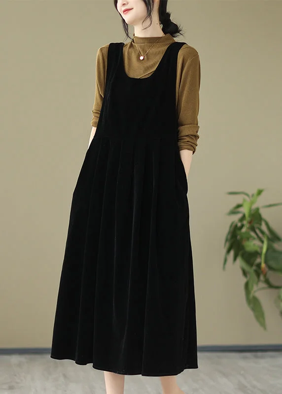 Super Savings modern dressBlack Pockets Wrinkled Velour Strap Dress U Neck Bow Spring