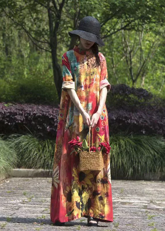 Get It Before It’s Gone formal dressBoho Original Stand Collar Print Linen Long Dresses Spring