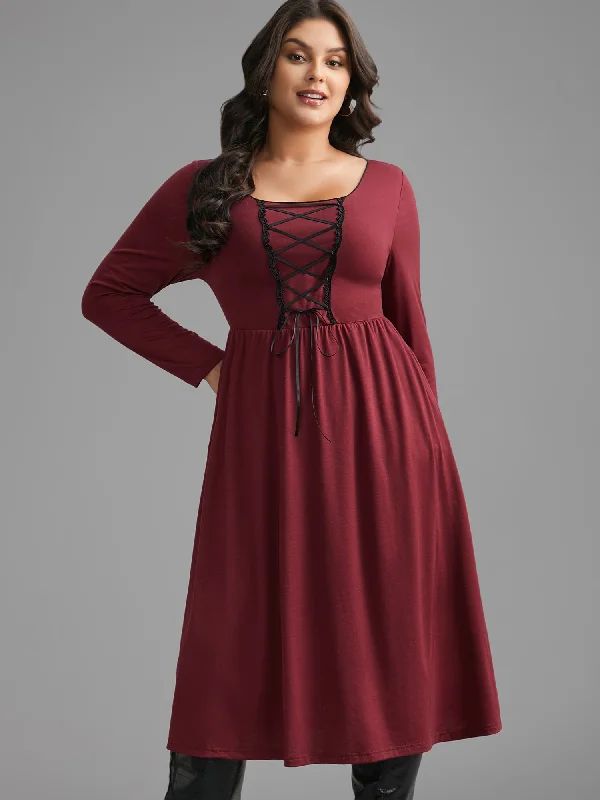 Exclusive Preview casual shift dressSquare Neck Lace Panel Lace Up Dress