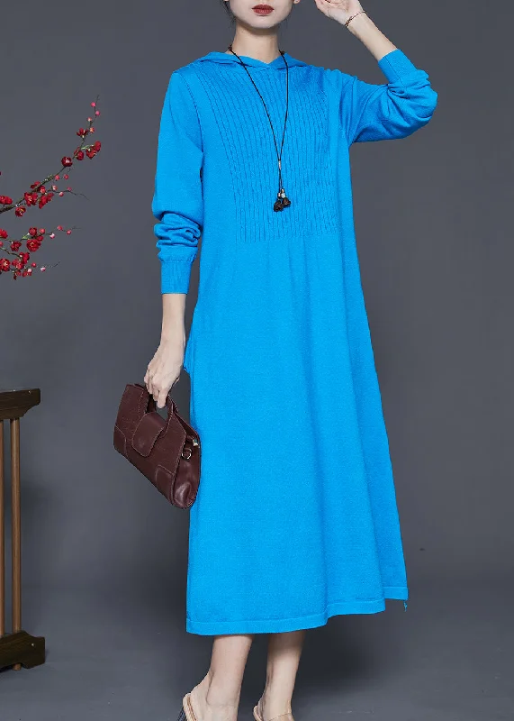 New Deals summer dressWomen Blue Hooded Silm Fit Knit Long Dress Spring
