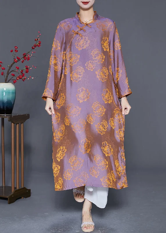 Deal Alert floral wrap dressChinese Style Purple Chinese Button Print Silk Dress Gown Summer