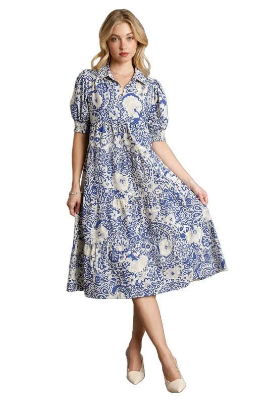 Year-End Sale fitted bodycon dressAbstract Print Midi Dress, Blue