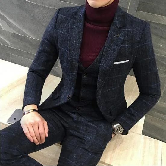 Savings Event casual knit dress3 Pieces Suits Men British Style Designs Slim Fit Plaid Dress Tuxedo